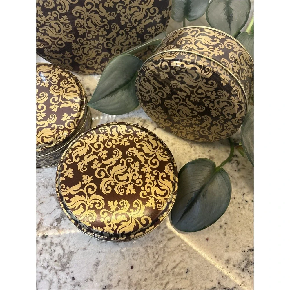 5 Vintage Round Gold Brown Metal Trinket Box Gift Tin Storage Leaf Pattern